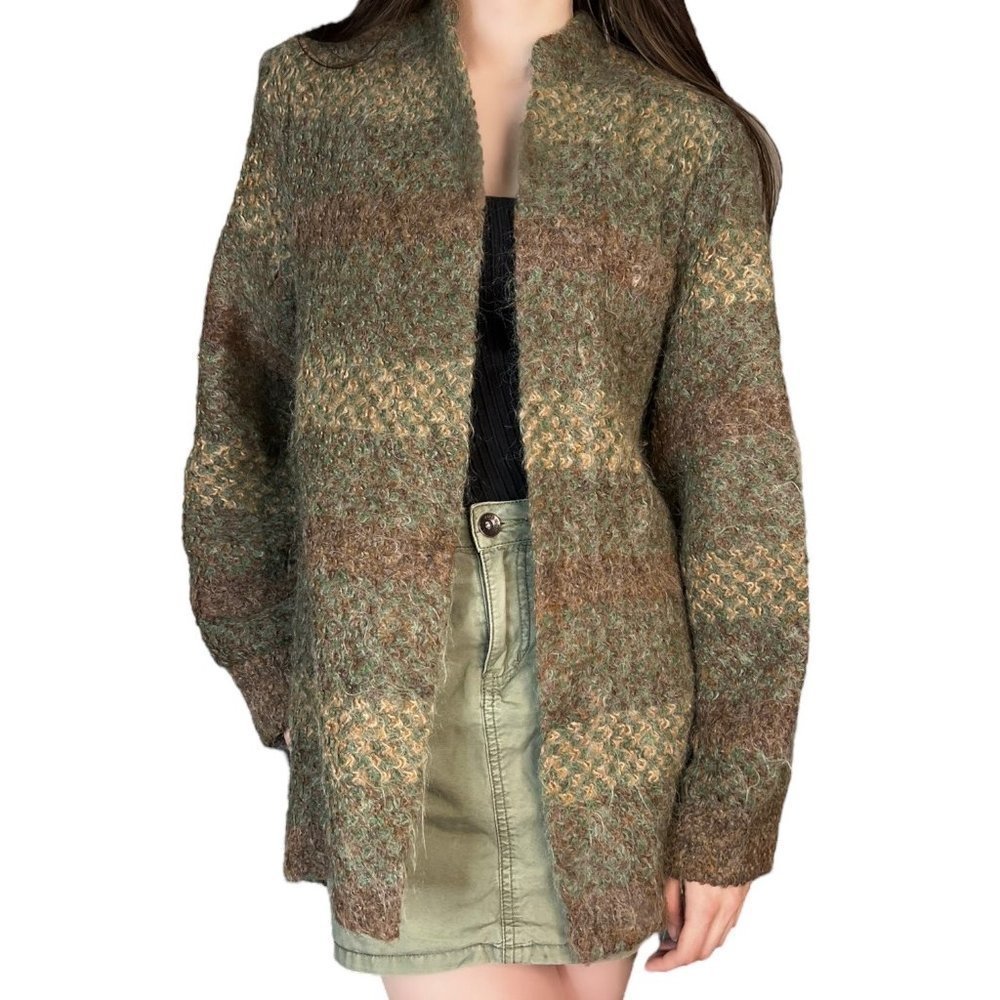 VINTAGE Mohair Blend Union Made Earthy Tone Cardigan Sweater Fairy Grunge Large - Picture 1 of 10